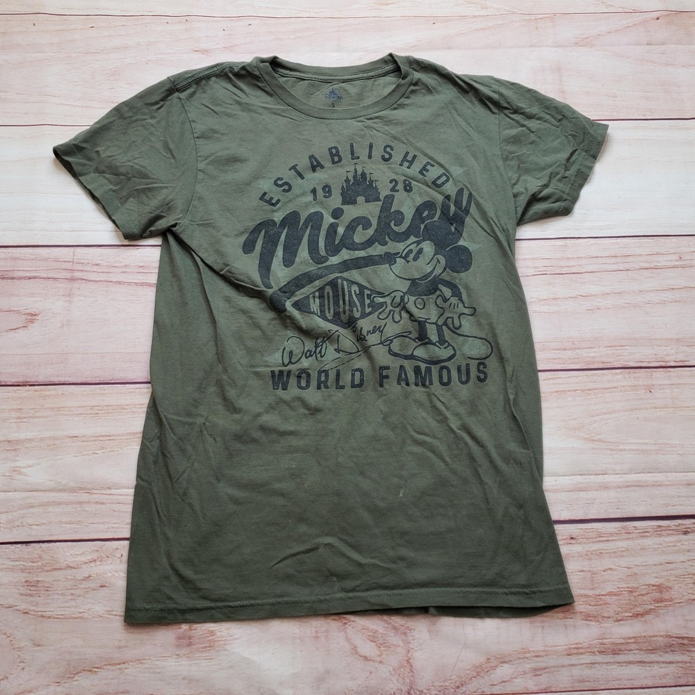 Disney‎ Shirt Mens Small Green Mickey Mouse Graphic Cotton Cre Neck Casual Adult